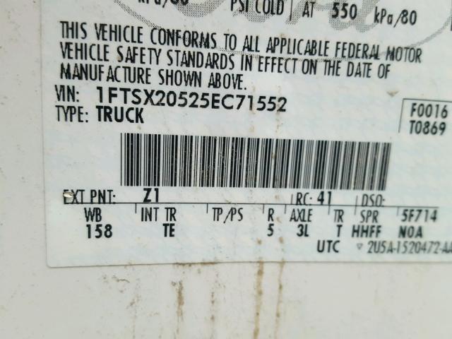 1FTSX20525EC71552 - 2005 FORD F250 SUPER WHITE photo 10