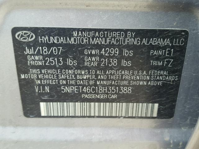 5NPET46C18H351388 - 2008 HYUNDAI SONATA GLS GRAY photo 10