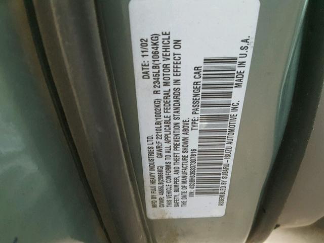 4S3BH635337307816 - 2003 SUBARU LEGACY L GREEN photo 10