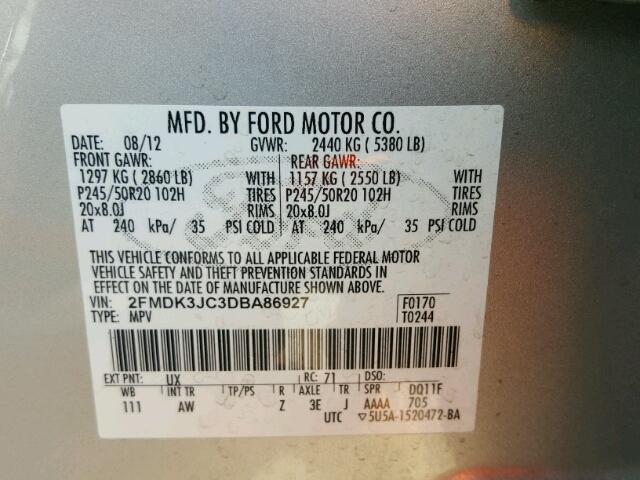 2FMDK3JC3DBA86927 - 2013 FORD EDGE SEL SILVER photo 10