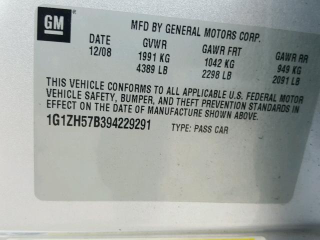 1G1ZH57B394229291 - 2009 CHEVROLET MALIBU 1LT 银色 照片 10