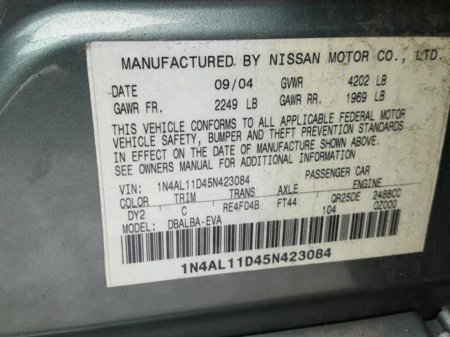 1N4AL11D45N423084 - 2005 NISSAN ALTIMA S TURQUOISE photo 10