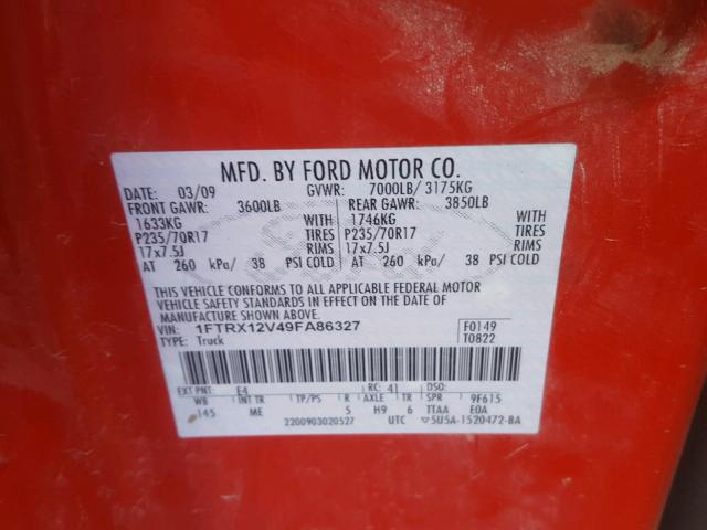 1FTRX12V49FA86327 - 2009 FORD F150 SUPER RED photo 10