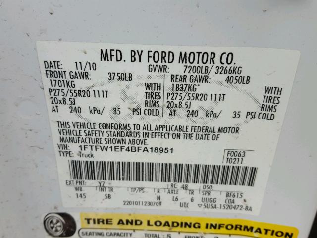 1FTFW1EF4BFA18951 - 2011 FORD F150 SUPER WHITE photo 10