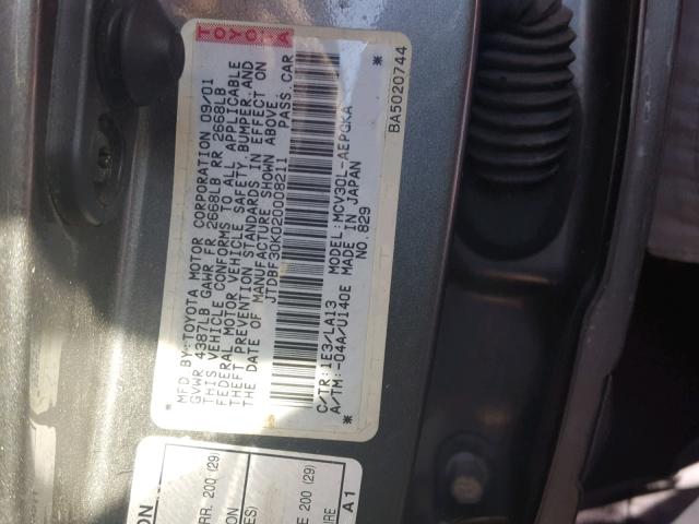 JTDBF30K020008211 - 2002 TOYOTA CAMRY LE GRAY photo 10