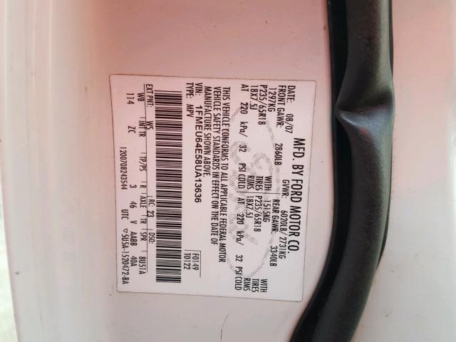 1FMEU64E58UA13636 - 2008 FORD EXPLORER E WHITE photo 10