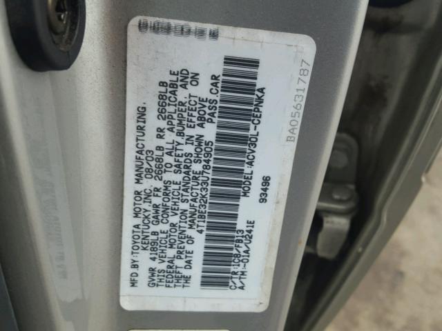 4T1BE32K33U784905 - 2003 TOYOTA CAMRY LE SILVER photo 10