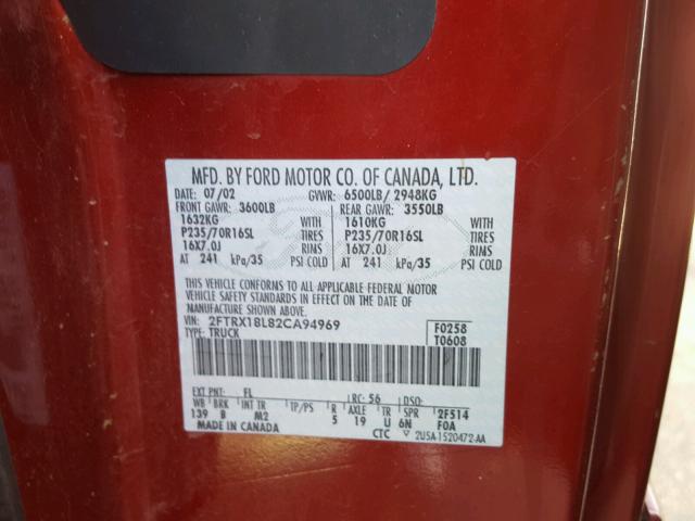 2FTRX18L82CA94969 - 2002 FORD F150 RED photo 10