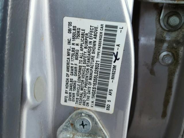 1HGES16355L028021 - 2005 HONDA CIVIC DX V SILVER photo 10