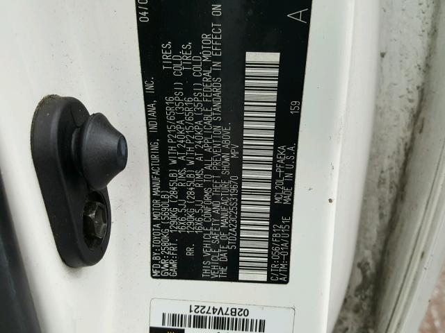 5TDZA23C25S319670 - 2005 TOYOTA SIENNA CE WHITE photo 10