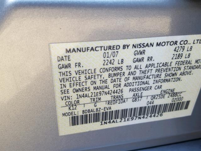 1N4AL21E97N424426 - 2007 NISSAN ALTIMA 2.5 SILVER photo 10