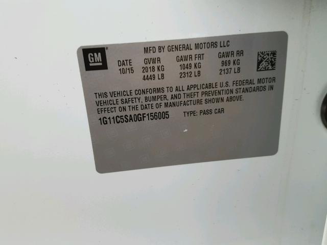1G11C5SA0GF156005 - 2016 CHEVROLET MALIBU LIM WHITE photo 10