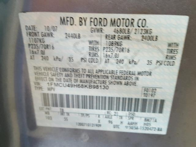 1FMCU49H68KB98130 - 2008 FORD ESCAPE HEV GRAY photo 10