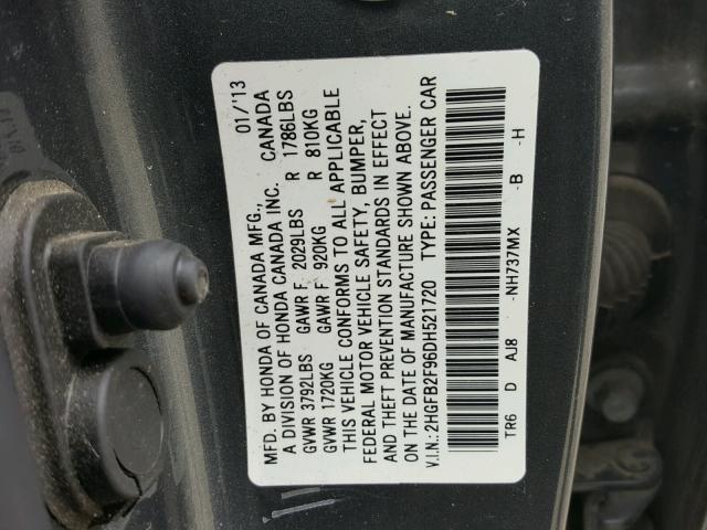 2HGFB2F96DH521720 - 2013 HONDA CIVIC EXL GRAY photo 10