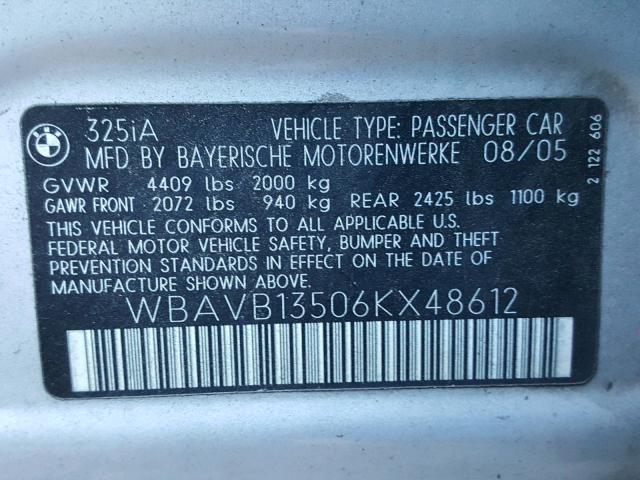 WBAVB13506KX48612 - 2006 BMW 325 I SILVER photo 10