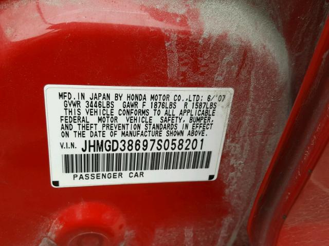 JHMGD38697S058201 - 2007 HONDA FIT S RED photo 10