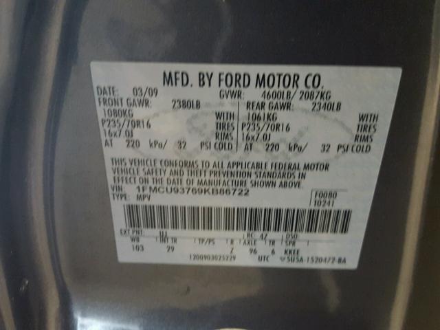 1FMCU93769KB86722 - 2009 FORD ESCAPE XLT GRAY photo 10