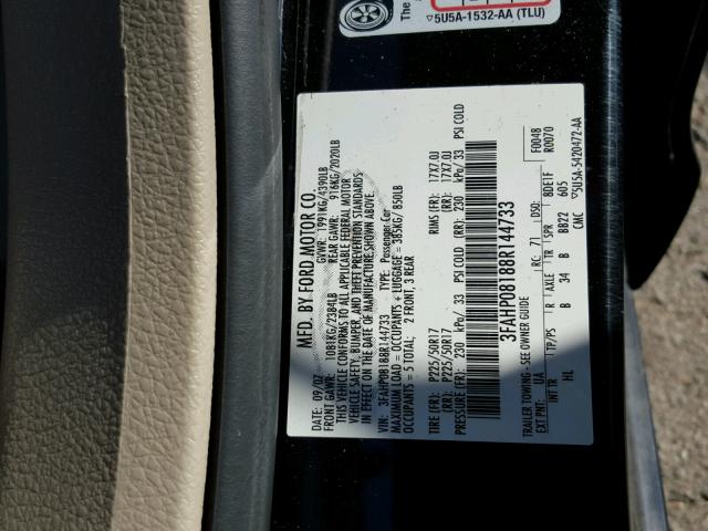 3FAHP08188R144733 - 2008 FORD FUSION SEL BLACK photo 10