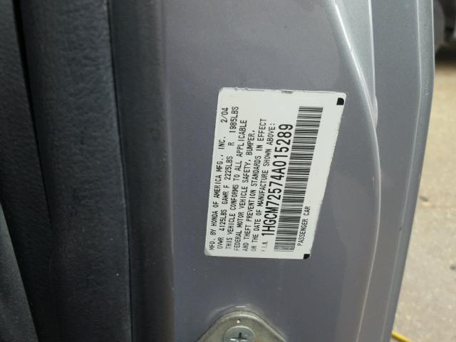 1HGCM72574A015289 - 2004 HONDA ACCORD EX SILVER photo 10