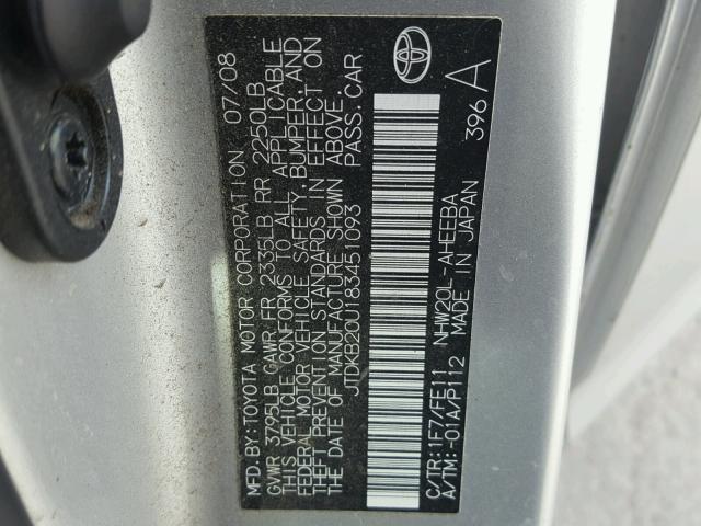 JTDKB20U183451093 - 2008 TOYOTA PRIUS SILVER photo 10