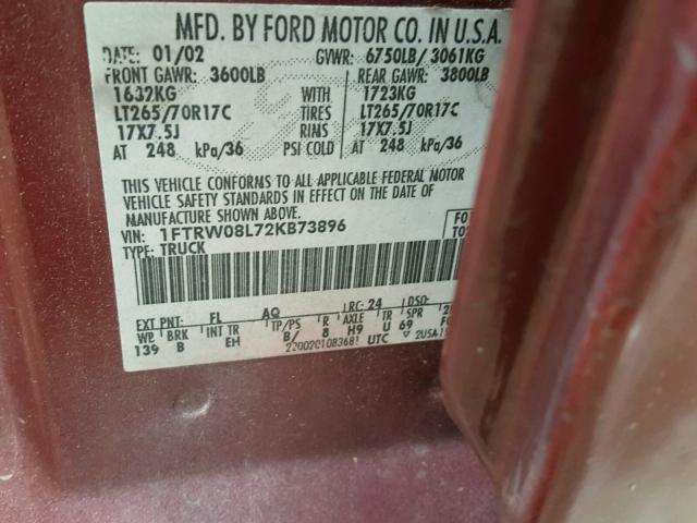 1FTRW08L72KB73896 - 2002 FORD F150 SUPER MAROON photo 10