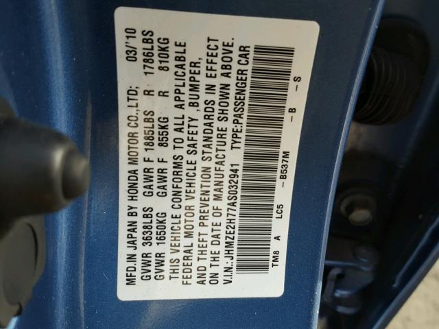 JHMZE2H77AS032941 - 2010 HONDA INSIGHT EX BLUE photo 10