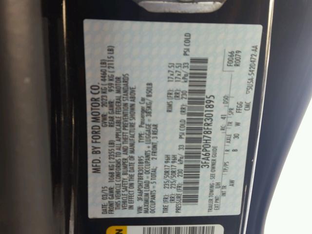 3FA6P0H78FR301895 - 2015 FORD FUSION SE BLACK photo 10