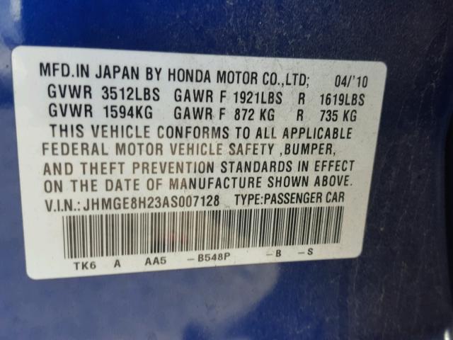 JHMGE8H23AS007128 - 2010 HONDA FIT BLUE photo 10