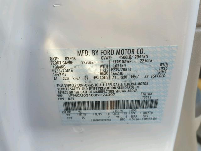 1FMCU03108KD74397 - 2008 FORD ESCAPE XLT WHITE photo 10