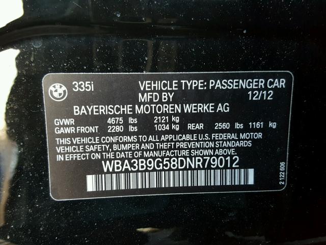 WBA3B9G58DNR79012 - 2013 BMW 335 XI BLACK photo 10