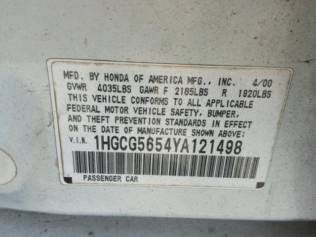 1HGCG5654YA121498 - 2000 HONDA ACCORD EX WHITE photo 10