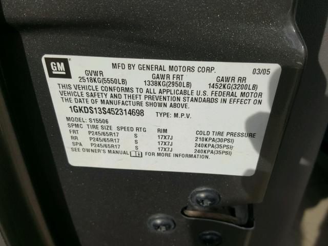 1GKDS13S452314698 - 2005 GMC ENVOY GRAY photo 10