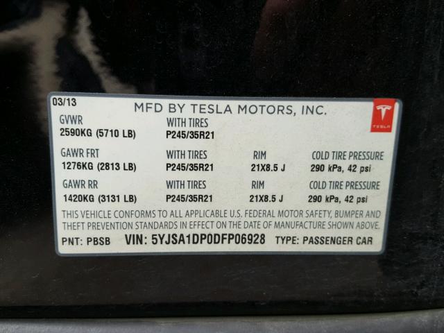 5YJSA1DP0DFP06928 - 2013 TESLA MODEL S BLACK photo 10