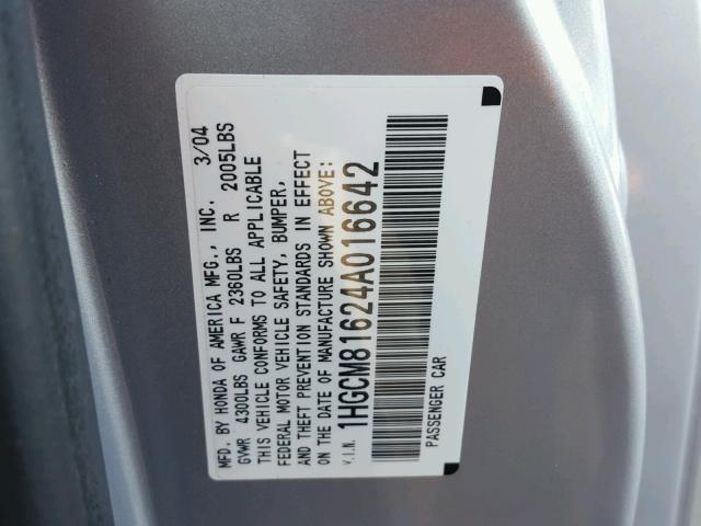 1HGCM81624A016642 - 2004 HONDA ACCORD EX SILVER photo 10