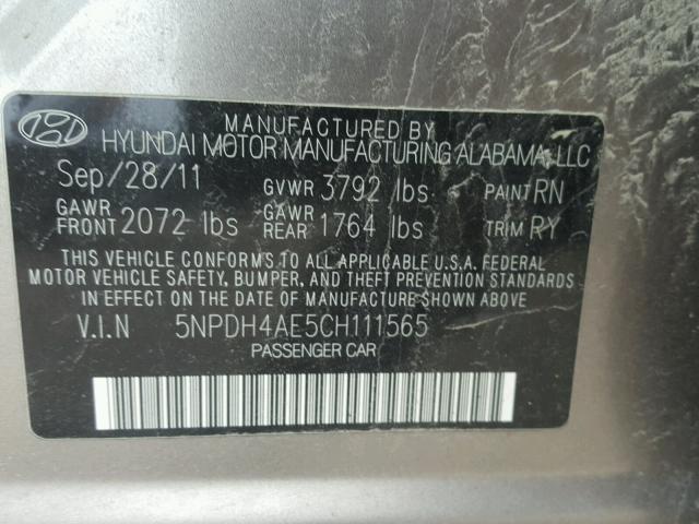 5NPDH4AE5CH111565 - 2012 HYUNDAI ELANTRA GL TAN photo 10