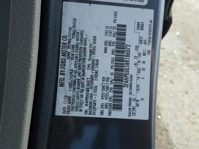 3FAHP0JG5BR186072 - 2011 FORD FUSION SEL CHARCOAL photo 10