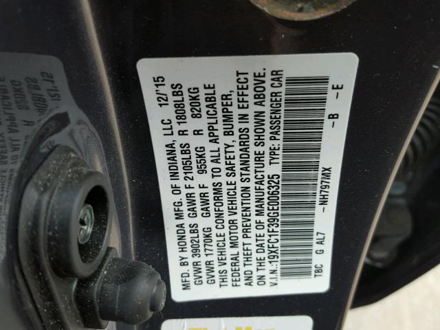 19XFC1F39GE006325 - 2016 HONDA CIVIC EX GRAY photo 10