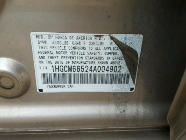 1HGCM66524A004902 - 2004 HONDA ACCORD EX GOLD photo 10