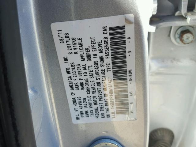 1HGCP2F34BA151427 - 2011 HONDA ACCORD LX SILVER photo 10