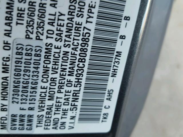 5FNRL5H93CB089857 - 2012 HONDA ODYSSEY TO GRAY photo 10