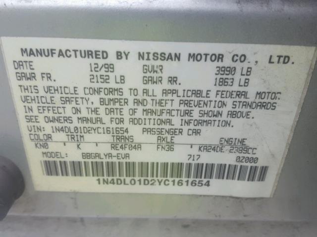 1N4DL01D2YC161654 - 2000 NISSAN ALTIMA XE SILVER photo 10