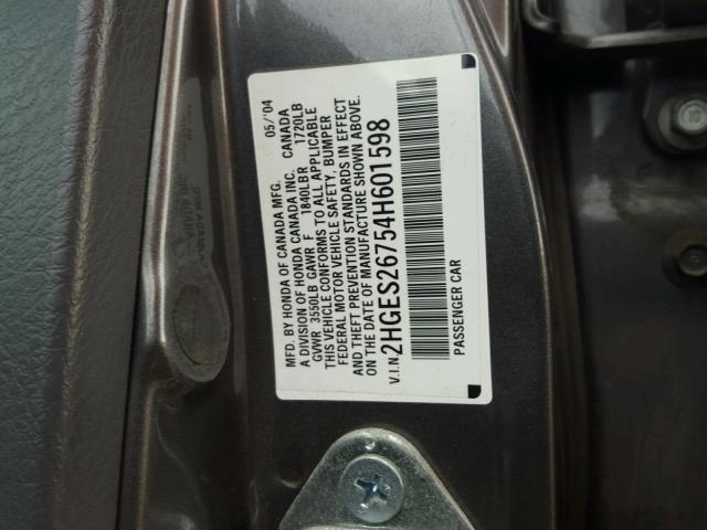 2HGES26754H601598 - 2004 HONDA CIVIC EX GRAY photo 10