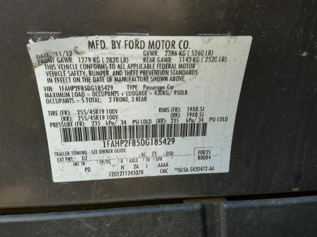 1FAHP2F85DG185429 - 2013 FORD TAURUS LIM GRAY photo 10