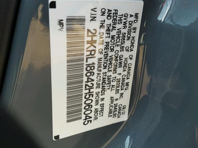 2HKRL18642H506045 - 2002 HONDA ODYSSEY EX GRAY photo 10