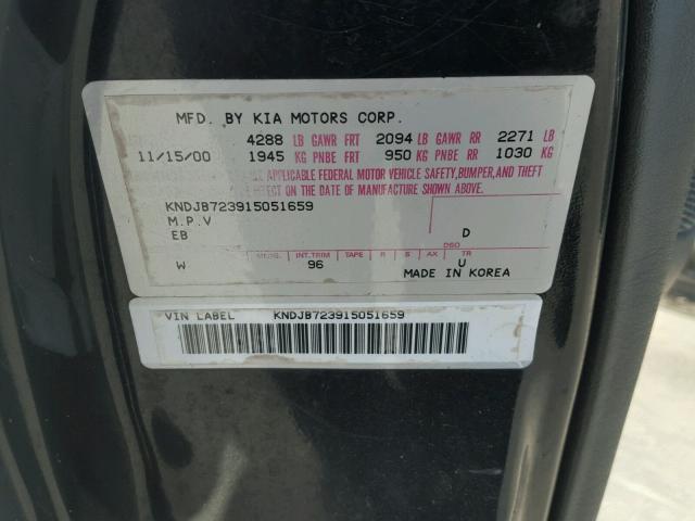 KNDJB723915051659 - 2001 KIA SPORTAGE BLACK photo 10