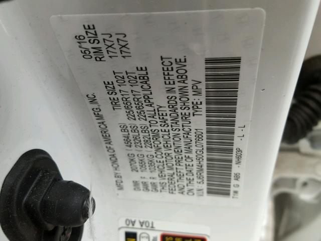 5J6RM4H50GL076601 - 2016 HONDA CR-V EX WHITE photo 10