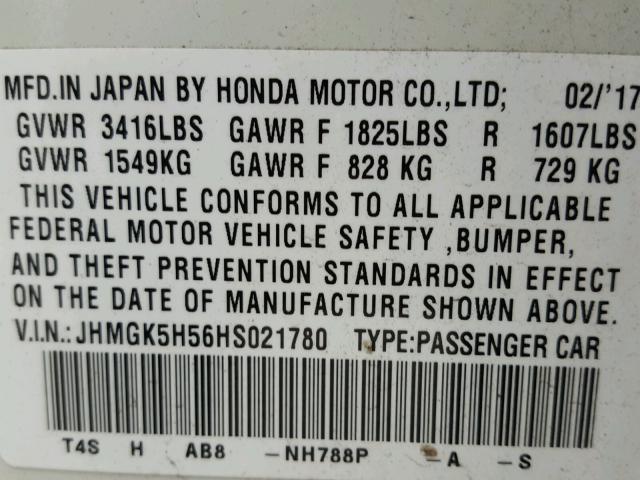 JHMGK5H56HS021780 - 2017 HONDA FIT LX أبيض صورة 10