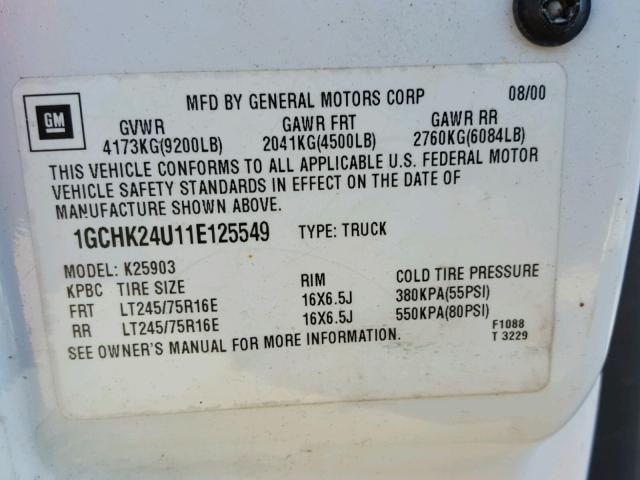 1GCHK24U11E125549 - 2001 CHEVROLET SILVERADO WHITE photo 10