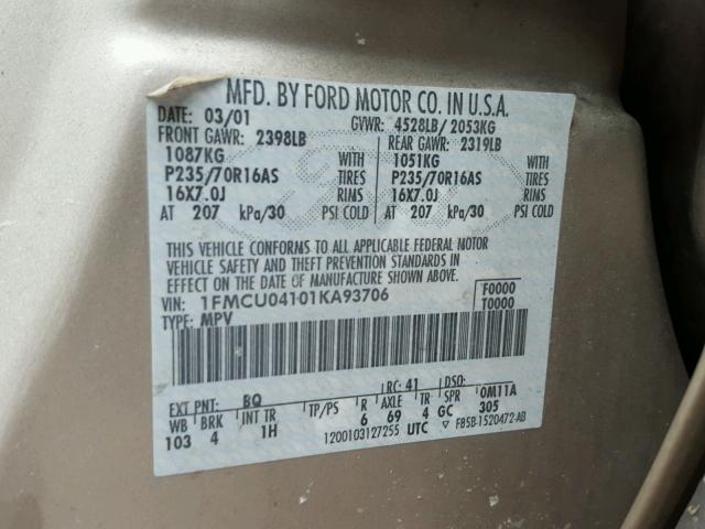 1FMCU04101KA93706 - 2001 FORD ESCAPE XLT TAN photo 10