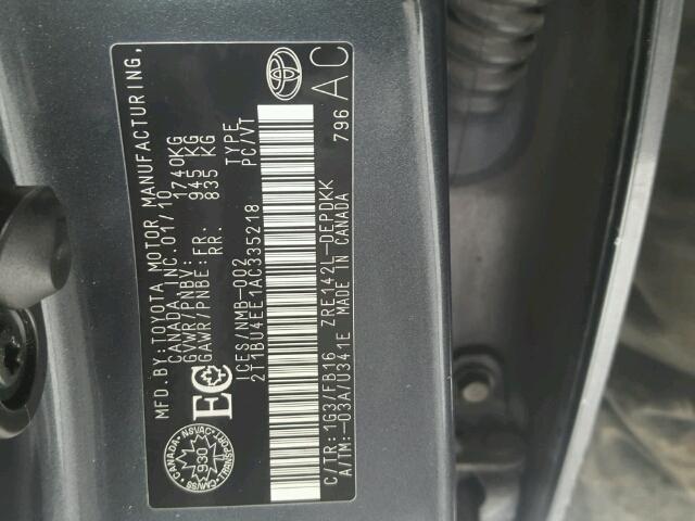 2T1BU4EE1AC335218 - 2010 TOYOTA COROLLA BA GRAY photo 10